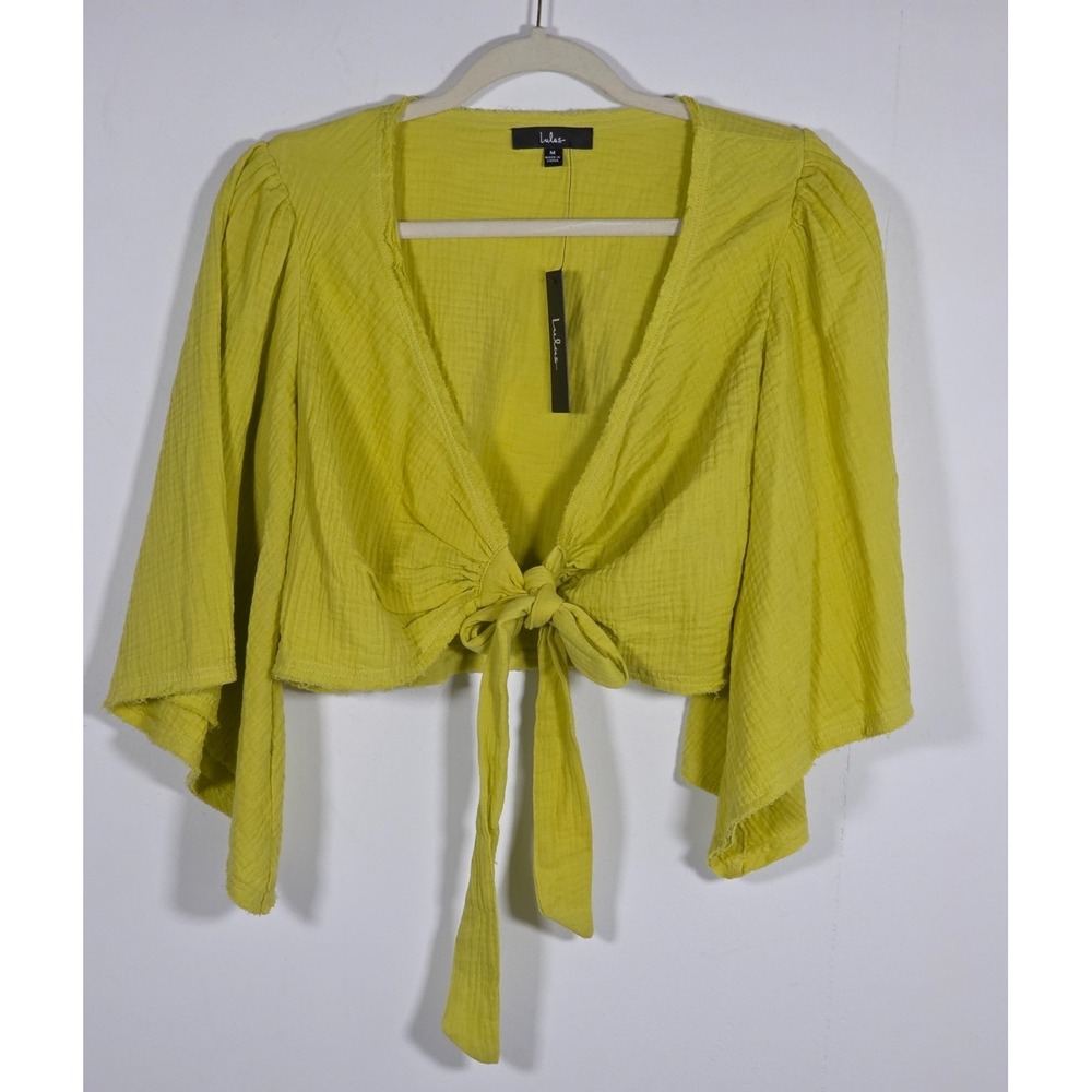 Lulus Friendship Chartreuse Lime Green Tie-Front Crop Top M Cotton Gauze NWT